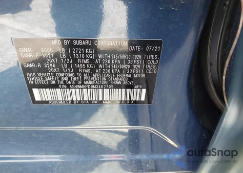2021 Subaru Ascent Limited from USA, damaged, VIN 4S4WMAPD9M3462702